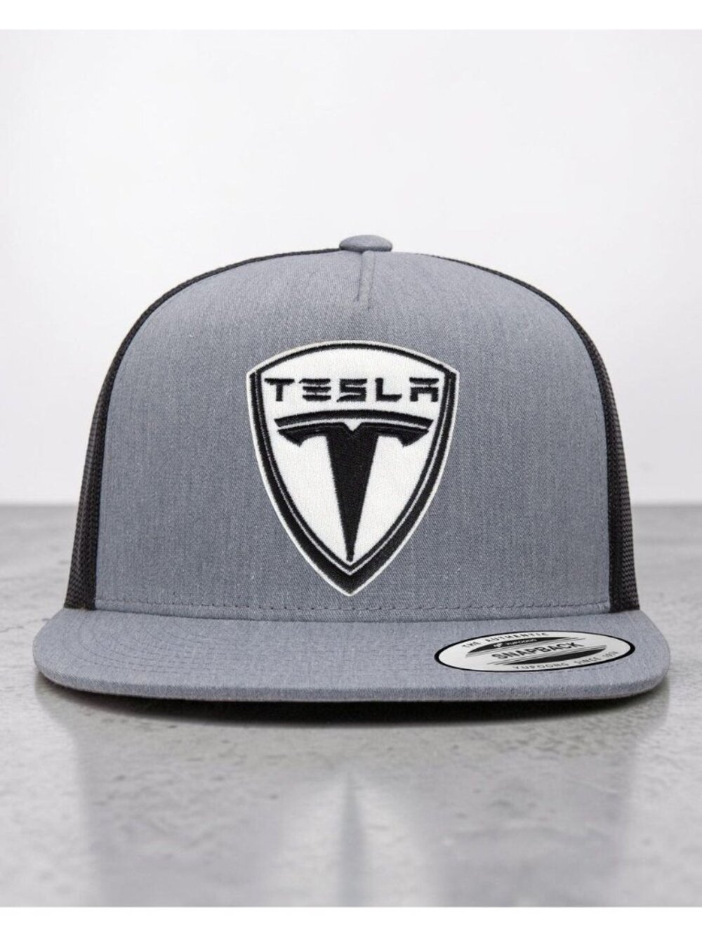 Tesla White YP Flat Bill Trucker Hat Mesh Back Snapback grey/black